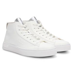 BRAND NEW IN BOX: LEATHER-FACED SNEAKERS WITH GOLD-TONE BRANDING